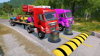 Double Flatbed Trailer Truck vs Speedbumps Train vs Cars Beamng.Drive