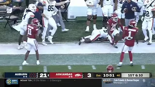 Arkansas DB delivers huge hit out of bounds and gets ejected for targeting vs Auburn