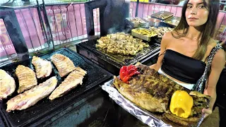 Street Food from Italy. Huge Grills of Meat. Pork Sausages, Ribs, Chicken. Pepero Festival