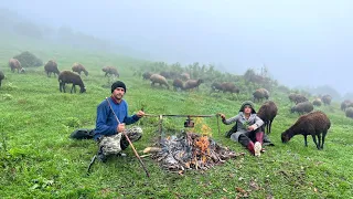 Rainy Day in the Meadow, Grazing Sheep and Preparing Butter By Nomads