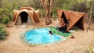 Build Top 2 Mud House Around Secret Swimming Pool | Primitive Technology | Building Skill ( Full )