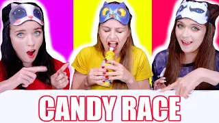 ASMR Candy Race With Closed Eyes Red, Yellow, Purple Food Mukbang