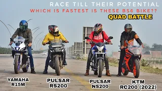 Pulsar RS200 Vs Yamaha R15M Vs Ktm RC200 Vs Pulsar NS200 | Quad Battle | Long Race | Bs6 Bikes