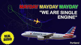 MAYDAY. “We are single engine”. American Airbus A320 returns to Portland. Real ATC