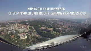 Naples, Italy, runway 06: Final part of the offset approach over the city. Captains view,  Airbus.