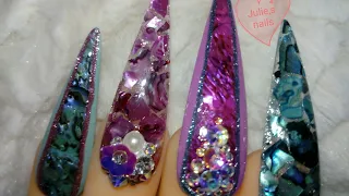 LONG SILETTO GEL NAILS WITH SHELL FLAKE AND SHELL STICKERS