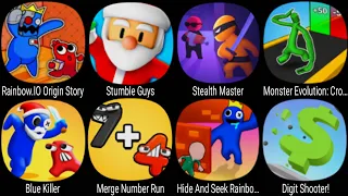 Rainbow. IO Origin Story, Stumble Guys, Stealth Master, Blue Killer, Merge Number Run, Digit Shooter