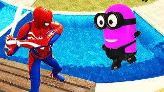 Spiderman & Rainbow Minion Team Pool Parkour in GTA 5