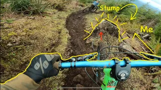 MTB kid crashes into stump on black diamond tech trail