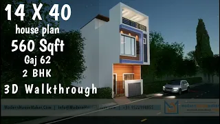 14x40 House plan 3D walkthrough 560 Sqft  Gaj 62 Bhk 2 house design ideas ||ModernHouseMaker