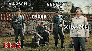 What does the soldier wear behind the front and in battle in 1942? WEHRMACHT (with subtitles)