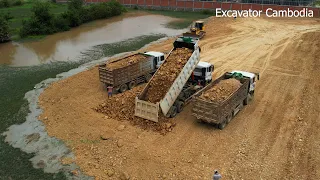 Fascinating Great Small Gravel Pushing Special Activity Swamp Bulldozer And Truck Unloading Gravel