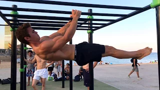Crazy front lever strength in Barcelona Beach | Front lever walk
