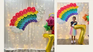 Rainbow 🌈 Decor with paper fans perfect theme for 7th birthday, magical unicorn decorations #diy