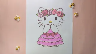 How to Draw a Cute Hello Kitty with Princess Dress and Color it - easy drawing step by step