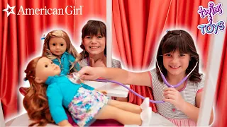 Kate & Lilly's Dolls get a doctor check up at the American Girl Store! with Princess Lollipop