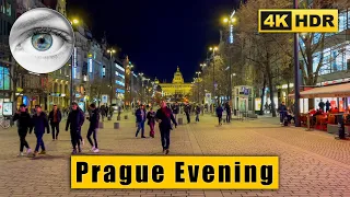 Evening Walking Tour of Prague: From Vltava to Wenceslas Square 🇨🇿 Czech Republic 4k HDR