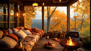 Sunny Autumn Morning in a Cozy Treehouse🍁Cracking Fireplace, Falling Leaves, Lake sounds & birdsong