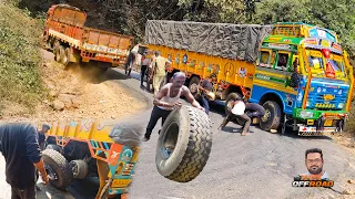 Ghat Road Challenge : 16 Wheels BS6 Tata Truck Stuck on Ghat Road Driver Removes Back Tires to Turn