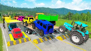 Flatbed Trailer Toyota LC Cars Transportation with Truck - Speedbumps vs Cars - BeamNG.Drive #26