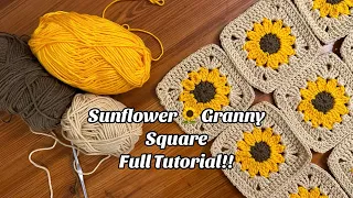 How To Crochet 🌻Sunflower Granny Square🌻FULL TUTORIAL FOR BEGINNERS #crochettutorial #grannysquare