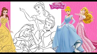 Three Disney PRINCESS Together Coloring Page CINDERELLA SLEEPING BEAUTY BELLE Coloring Book Page