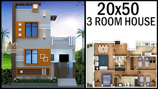 20'-0"x50'-0" 3D House Plan With Elevation Design | 20X50 3 Room House Design | Gopal Architecture