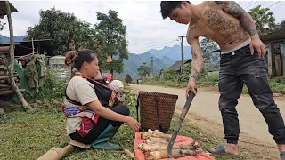 single mother - went to the forest with her children to dig bamboo shoots to sell.