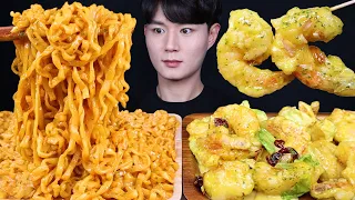 ENG SUB) ASMR SPICY FIRE NOODLES & CREAMY FRIED SHRIMP EATING SOUNDS MUKBANG 불닭볶음면 새우 먹방ASMR MUKBANG