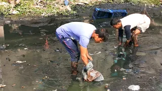 People Catching Catfish By Hand In Muddy Water Pond | How To Catching Fish From Muddy Pond