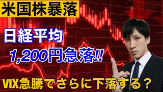 【米国株暴落】日経平均1200円急落。VIX急騰でさらに下落する？ナスダック、中国株の動向に注意！！