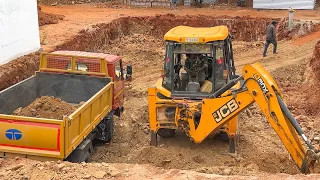 JCB 3DX Breaker with Bucket Loading rock New Truck for New Apartment Underground day night Work