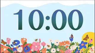 10 Minute Cute Spring Bees and Flowers Classroom Timer (No Music, Piano Alarm at End)