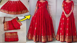 Anarkali dress cutting & stitching easily | | Convert saree into long gown/frock/dress | Saree reuse