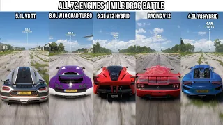 Forza Horizon 5 | Which one is the Fastest Engine | All 72 Engines 1 miles Drag battle