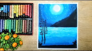 Menggambar pemandangan malam hari di pantai | oilpastel drawing | easy drawing for begginer