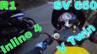 Suzuki SV650 Versus Yamaha 200 H.P. R1 Who Wins? Kings Mountain Road V-Twin Vs Inline 4