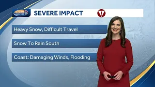 Video: Snow, rain to taper off Monday afternoon; winds at coast to die down