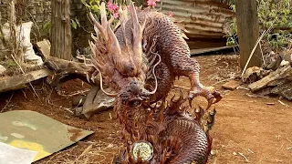 Red Wood Carving Dragon/The Process from Block to Artwork