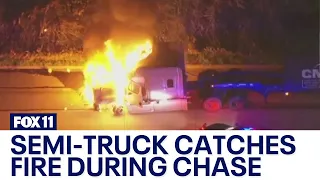 Police chase: Stolen big rig bursts into flames mid-pursuit