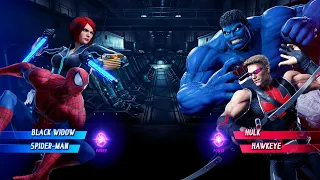 Black Widow & Spiderman vs Blue Hulk & Hawkeye (Very Hard) - Marvel vs Capcom | 4K UHD Gameplay