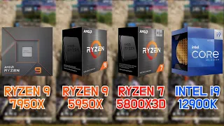 RYZEN 9 7950X vs 5950X vs RYZEN 7 5800X3D vs INTEL i9-12900K with RTX 3080 (7 Games / FHD / 1080p)