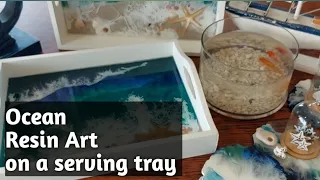 Ocean Resin on a wooden tray - layering an ocean on a tray #resinart #resin #DIY #artandcraft