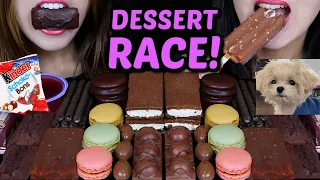 ASMR LEFTOVER DESSERT RACE WITH OUR PUPPY? KINDER BONS,  FERRERO DUPLO, CHOCOLATE CAKE, MACARONS 먹방