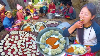 Home made pork #momo Cooking & Eating in village | Village people going crazy for Momo #mukbang