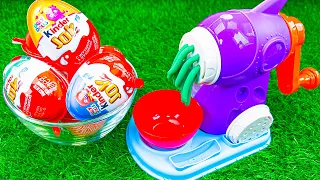 Satisfying Video l Make Glossy Playdoh Noddles with Rainbow Kinder Joy Surprise Eggs Cutting ASMR