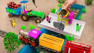 Diy tractor making mini bulldozer and train accident |Build a bridge to help trucks transport grapes