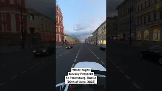 White Night in St Petersburg, Russia. Nevsky Prospekt, Kazan Cathedral, Singer House. 20 June, 2023