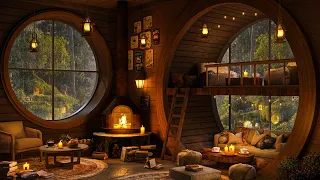 Cozy Hobbit Coffee Shop 🍀 Rainy Day at Dreamy Forest with Fireplace For Relax, Study and Sleep