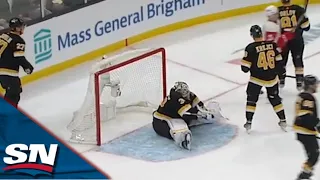 Bruins' Linus Ullmark Flashes The Leather And ROBS Red Wings' Alex Chaisson's Point-Blank Shot